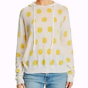 AQUA Lemon Print Hoodie Knit Top Cotton Blend White Yellow M